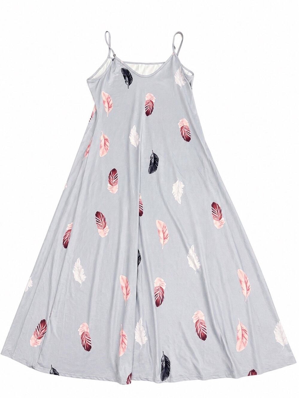 Womens XL Gray Feather Print Maxi Dress Spaghetti Strap Sleeveless Boho